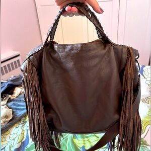 Schutz leather bowling fringe bag
